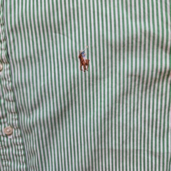 Ralph Lauren Classic Fit Button Down Shirt Mens 16 34/35 Green Stripe Flesh Pony - Picture 2 of 9